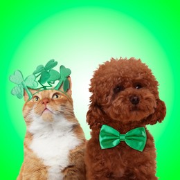 Image of St. Patrick's day celebration. Cute dog with bow tie and cat wearing headband with clover leaves on green background