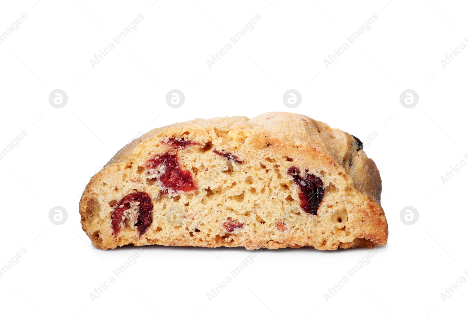 Photo of Slice of tasty cantucci with berry isolated on white. Traditional Italian almond biscuits