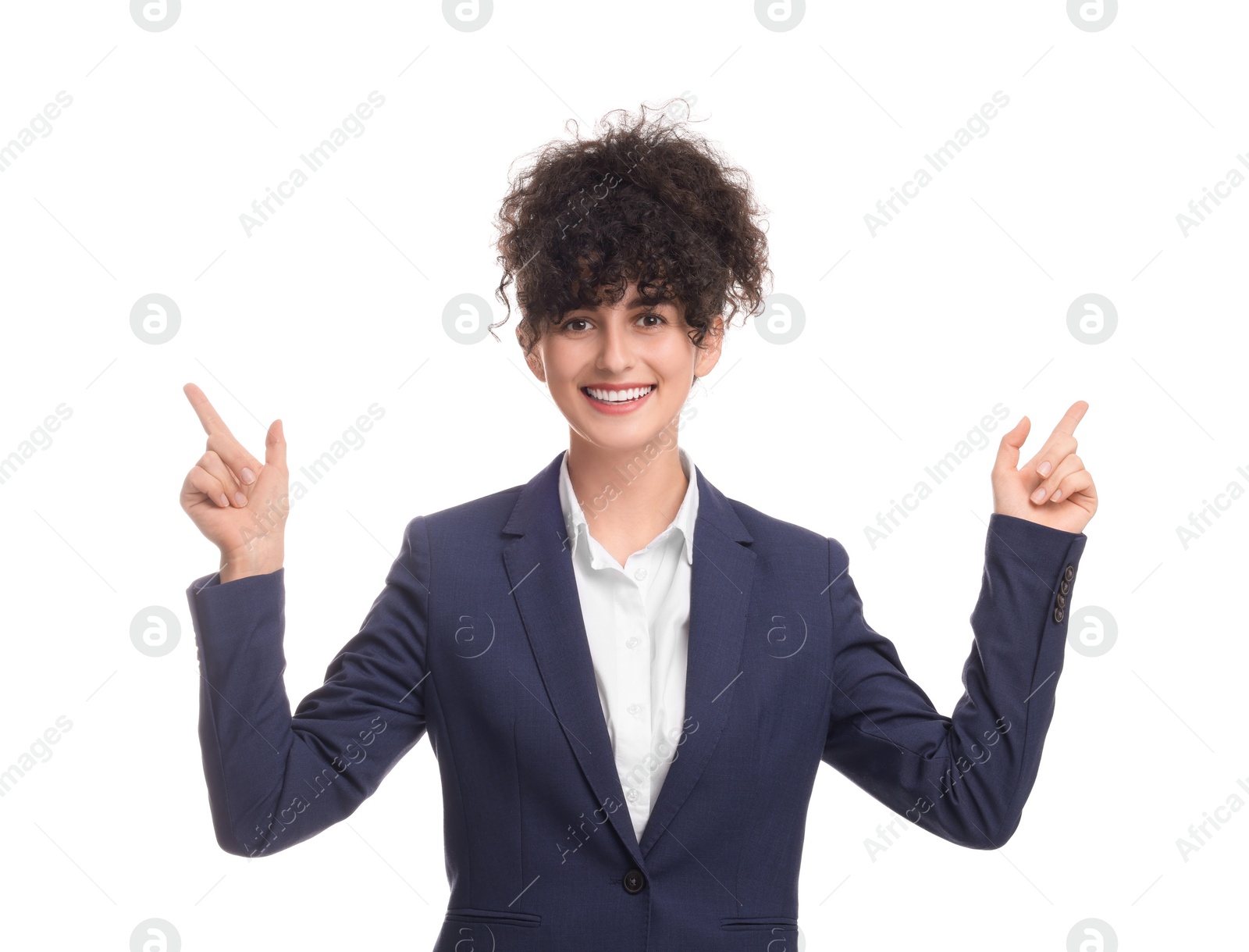 Photo of Beautiful businesswoman in suit pointing at something on white background