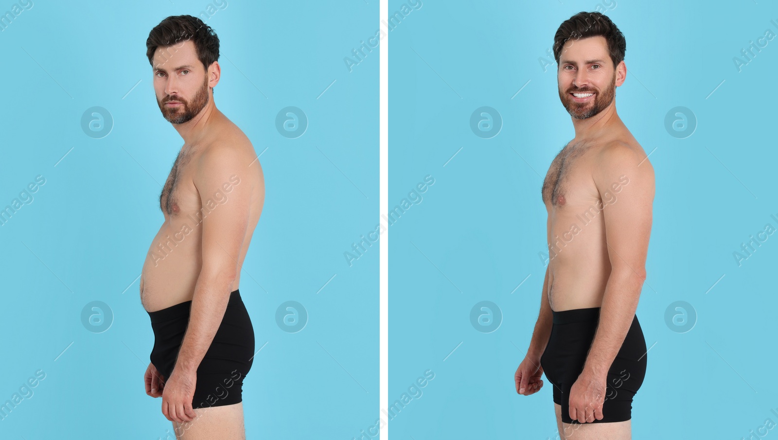 Image of Collage with portraits of man before and after weight loss on light blue background