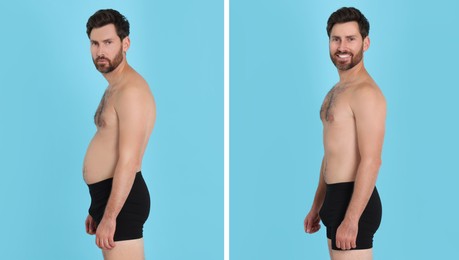 Collage with portraits of man before and after weight loss on light blue background