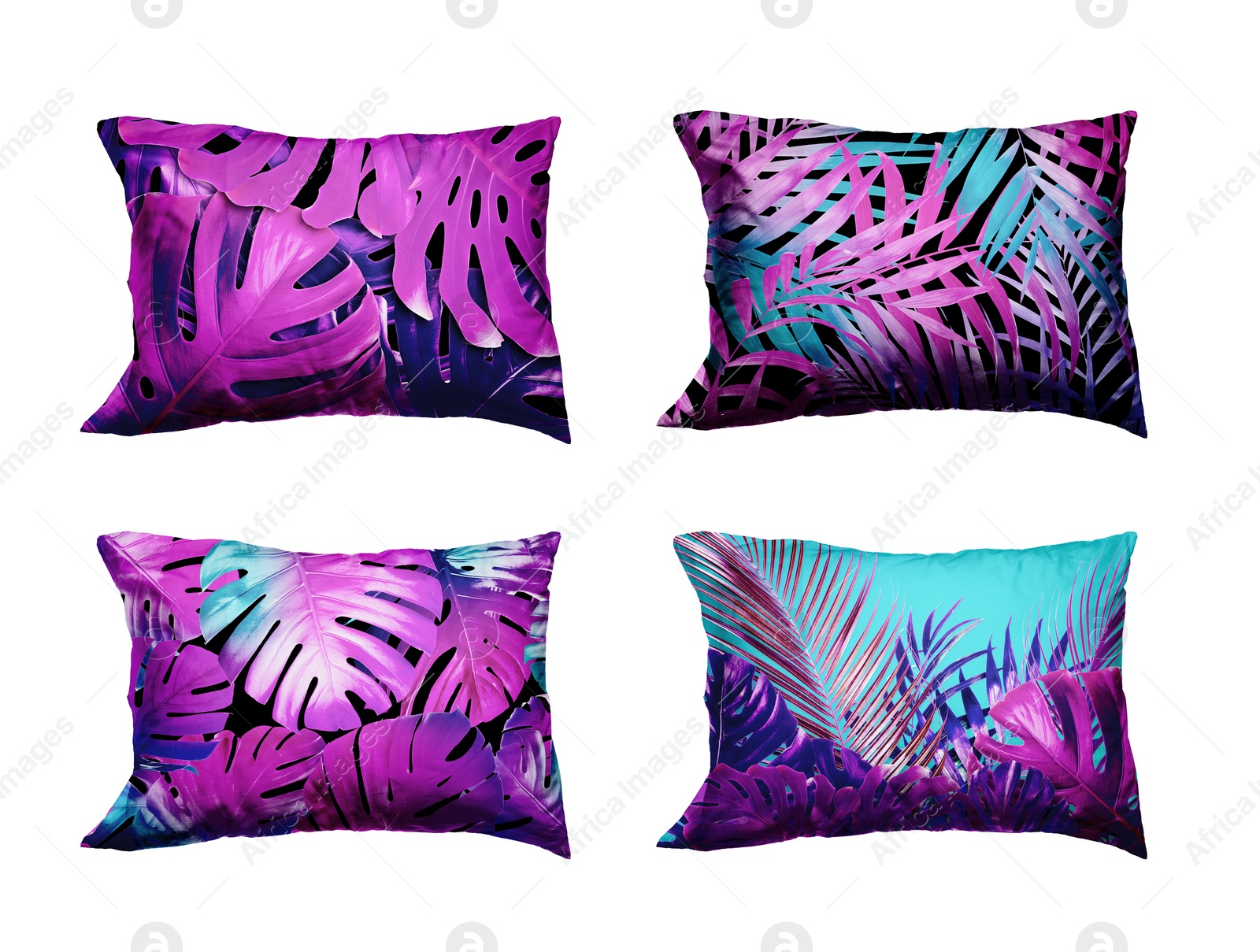 Image of Soft pillows with stylish prints isolated on white, set