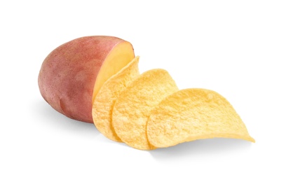 Photo of Raw potato and tasty chips on white background