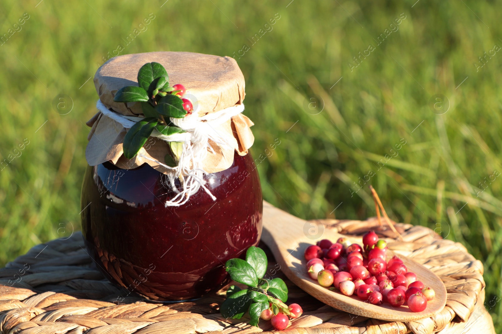 Photo of Jar of delicious lingonberry jam and red berries on wicker basket outdoors, space for text