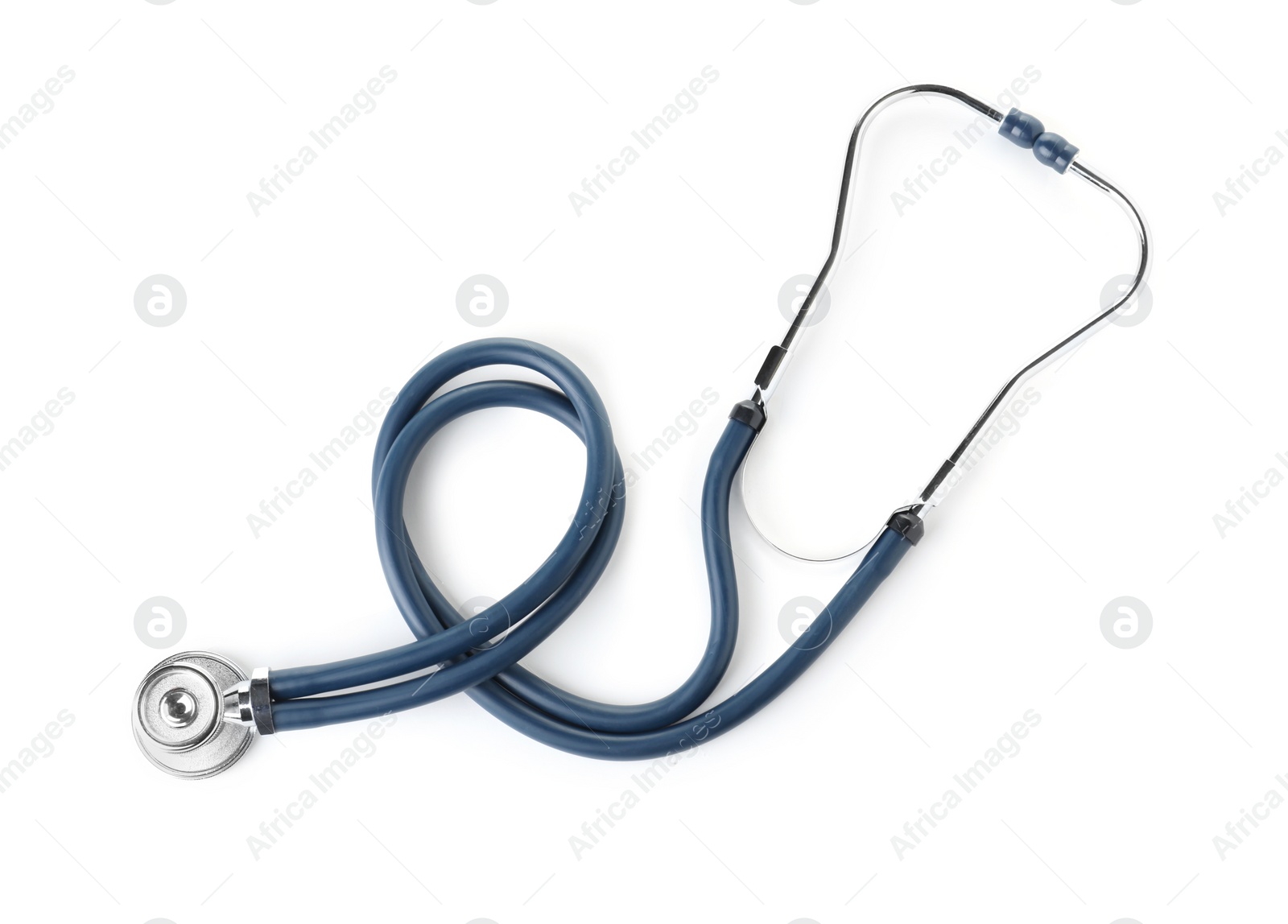 Photo of Stethoscope on white background, top view. Medical device