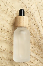 Bottle of face serum and dried flowers on beige background, flat lay