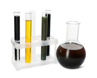 Test tubes and flask with different types of oil isolated on white