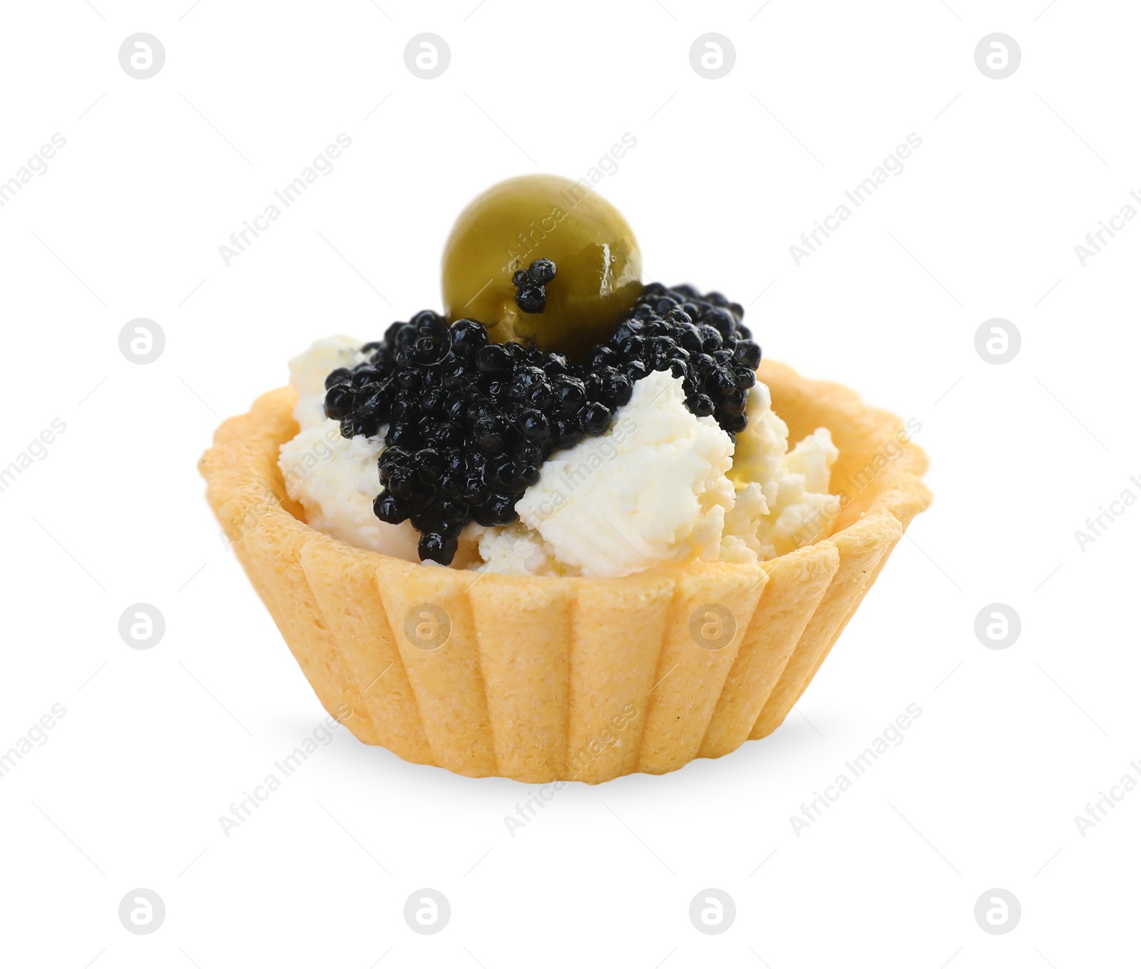 Photo of Delicious tartlet with black caviar and cream cheese on white background