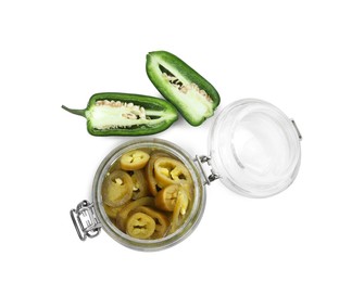 Photo of Fresh and pickled green jalapeno peppers on white background, top view