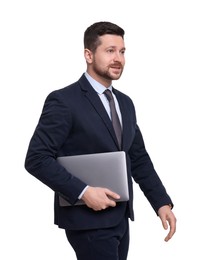 Photo of Handsome bearded businessman in suit with laptop on white background