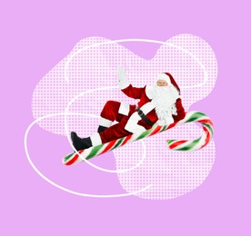 Christmas art collage with Santa Claus lying on candy cane against color background