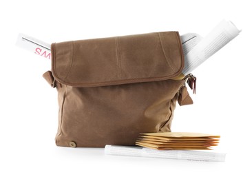 Brown postman's bag, envelopes and newspapers on white background