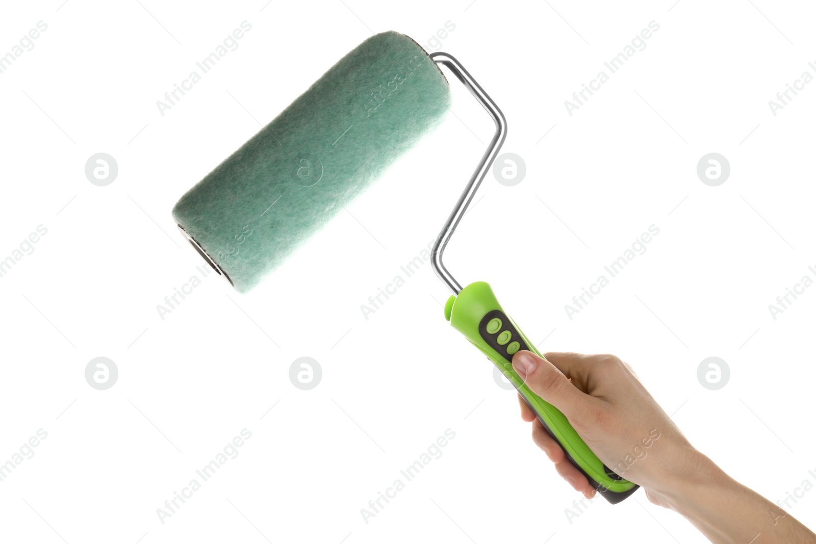 Photo of Woman holding paint roller brush on white background, closeup