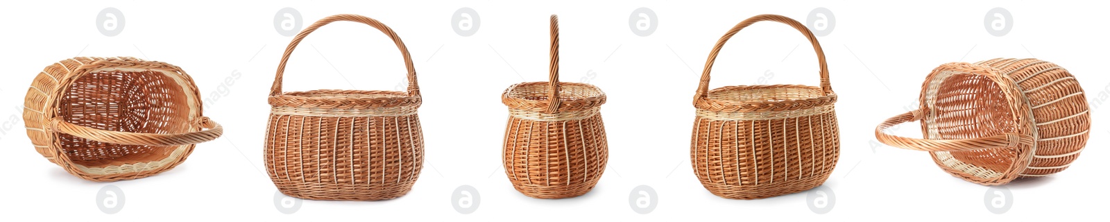 Image of Set with wicker baskets on white background. Banner design