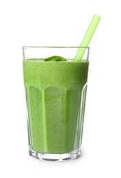 Photo of Glass of healthy green smoothie with fresh spinach on white background