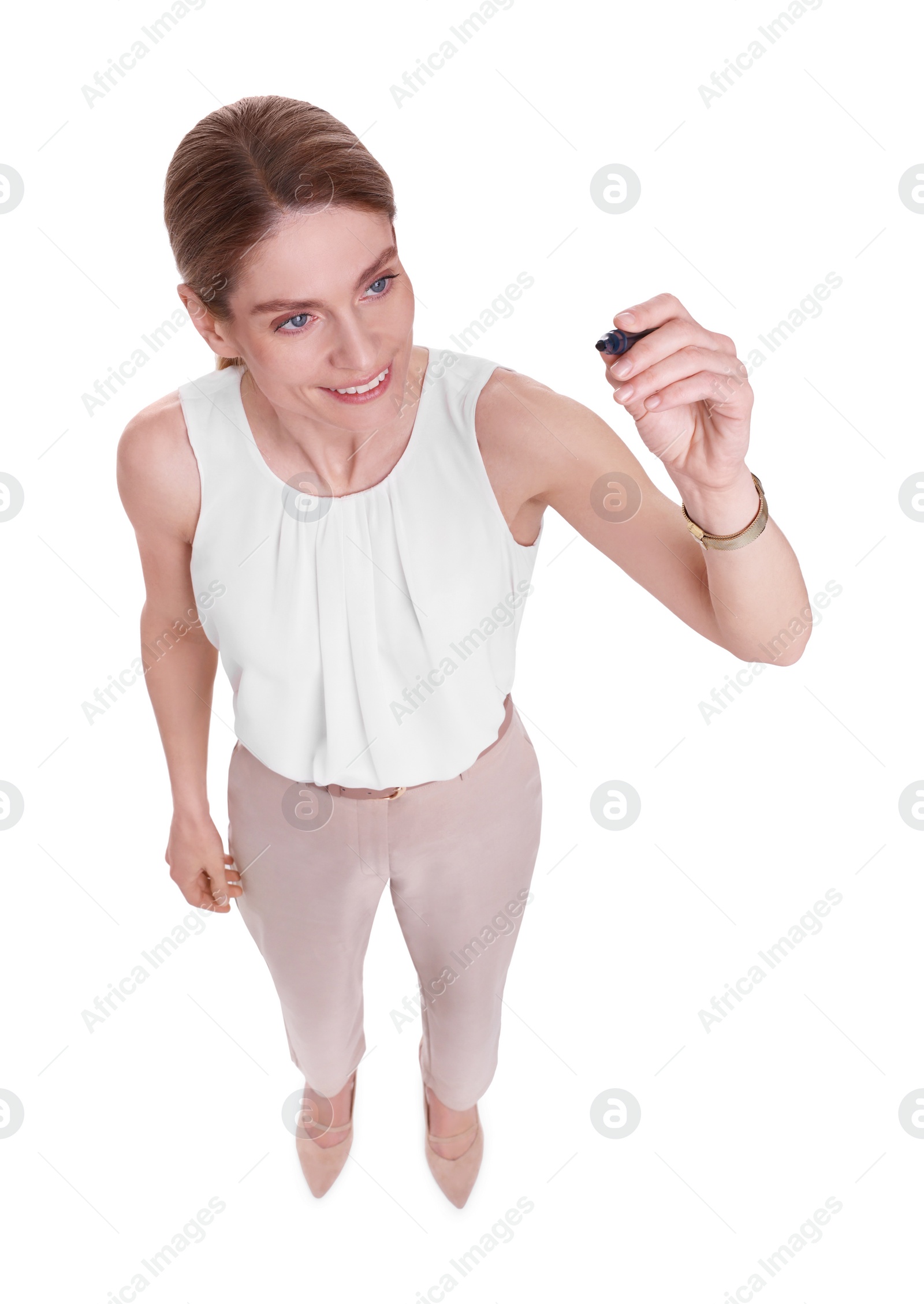 Photo of Beautiful happy businesswoman with marker on white background, above view