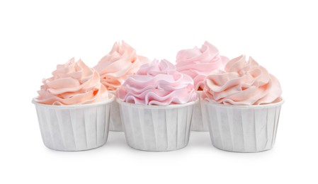 Photo of Tasty cupcakes with cream isolated on white