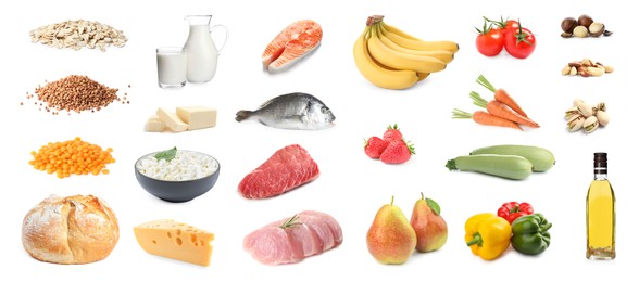 Image of Healthy diet. Set with many different products on white background