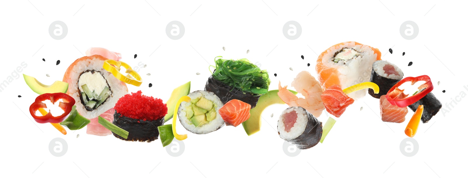 Image of Different sushi rolls and ingredients on white background