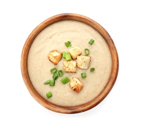 Photo of Bowl of fresh homemade mushroom soup on white background, top view