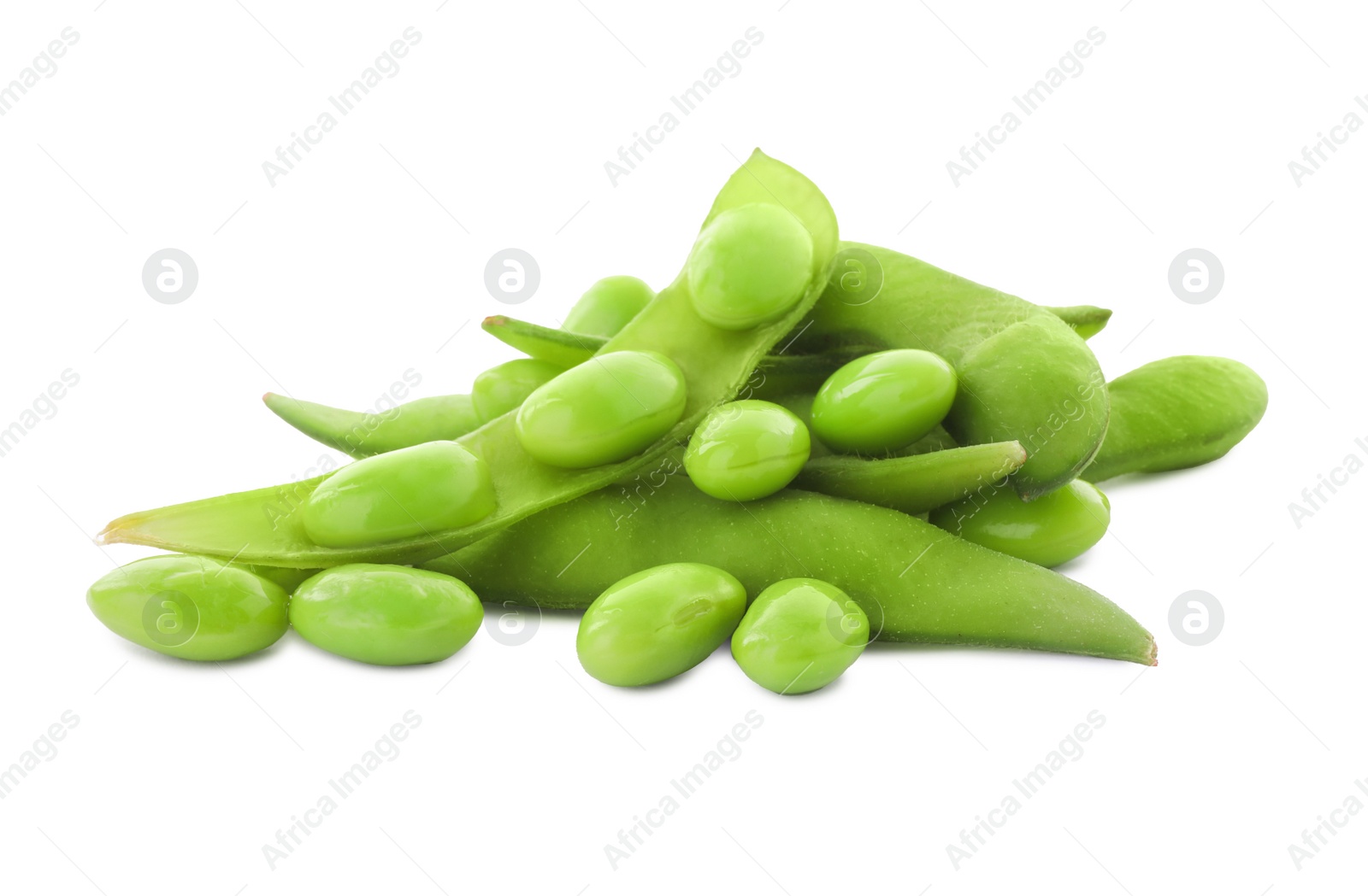 Photo of Fresh green edamame pods and beans on white background