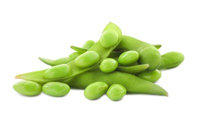 Fresh green edamame pods and beans on white background