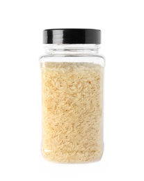 Jar with uncooked parboiled rice on white background