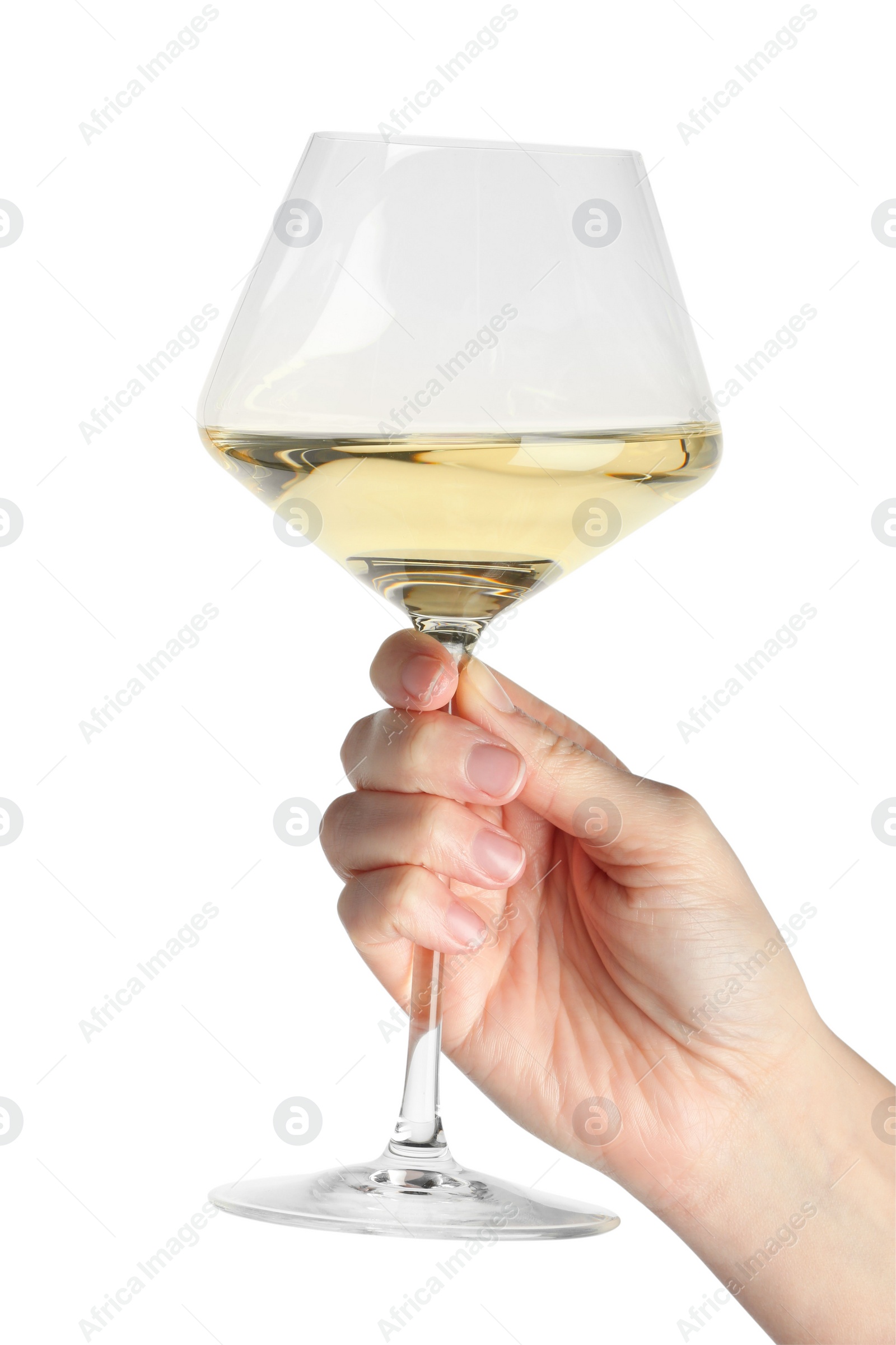 Photo of Woman with glass of wine isolated on white, closeup