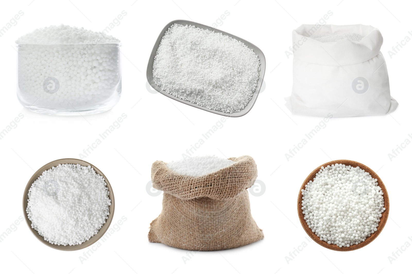 Image of Set with ammonium nitrate pellets on white background. Mineral fertilizer