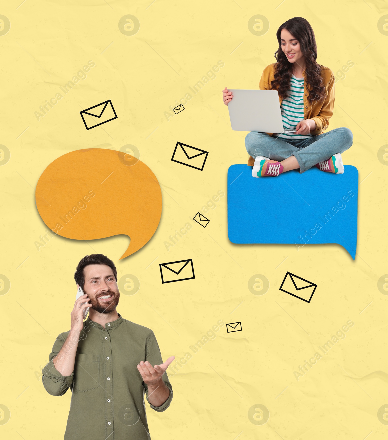 Image of Dialogue. Woman with laptop and man talking on mobile phone on color background. Speech bubbles and letter illustrations near them
