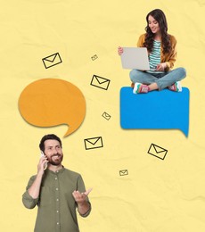 Dialogue. Woman with laptop and man talking on mobile phone on color background. Speech bubbles and letter illustrations near them