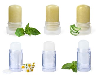 Image of Set with different natural crystal alum deodorants on white background