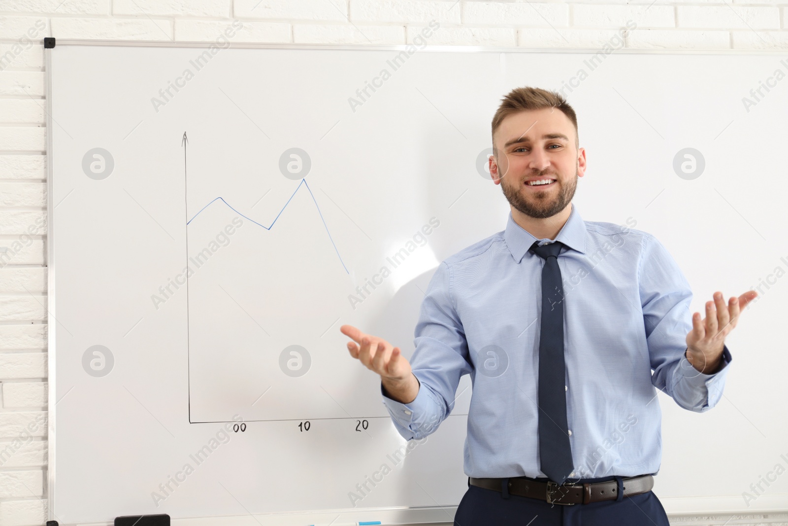 Photo of Professional business trainer near whiteboard in office