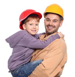 Photo of Father and son wearing hard hats on white background. Repair work