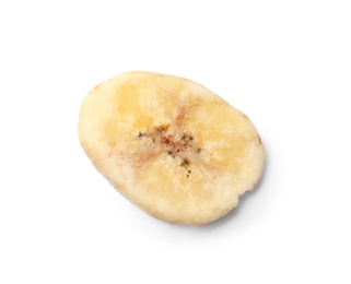 Photo of Sweet banana slice on white background. Dried fruit as healthy snack