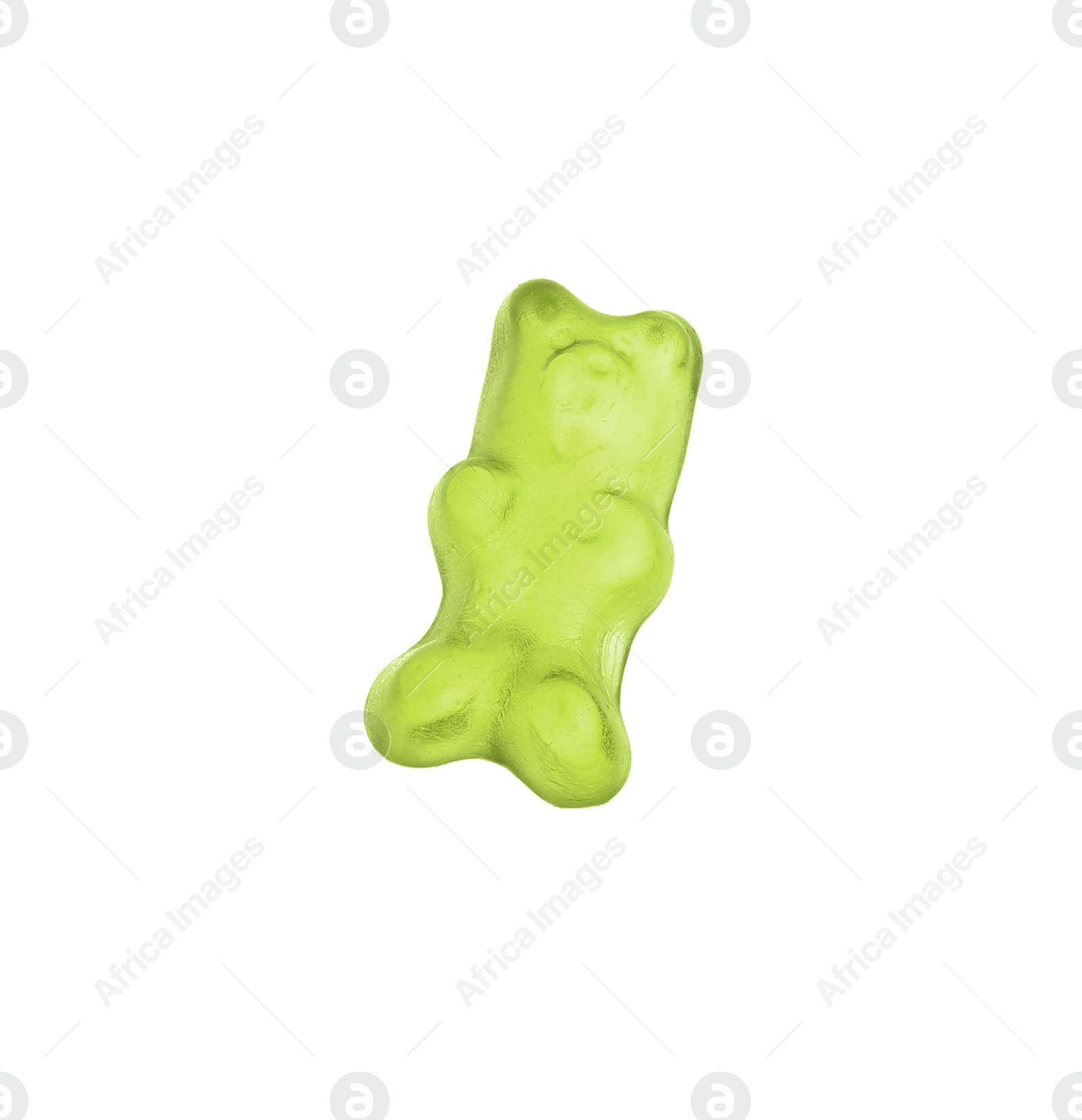 Photo of Delicious green jelly bear on white background