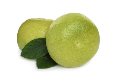 Photo of Fresh ripe sweetie fruits with green leaves on white background