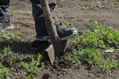 Photo of Gardener digging soil with shovel outdoors, closeup