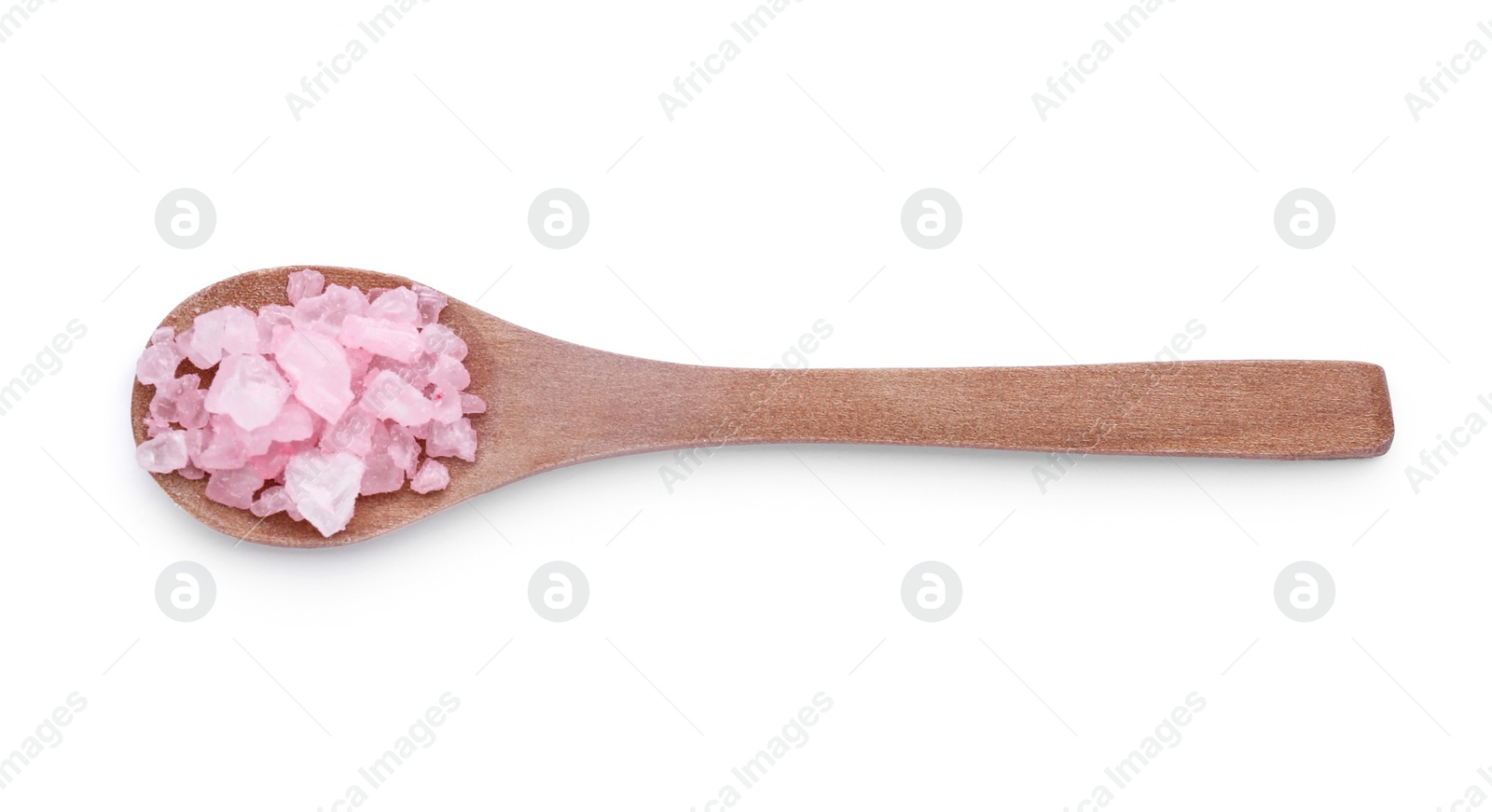 Photo of Wooden spoon with pink sea salt isolated on white, top view