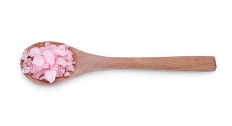 Photo of Wooden spoon with pink sea salt isolated on white, top view