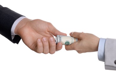 Money exchange. Man giving dollar banknotes to woman on white background, closeup