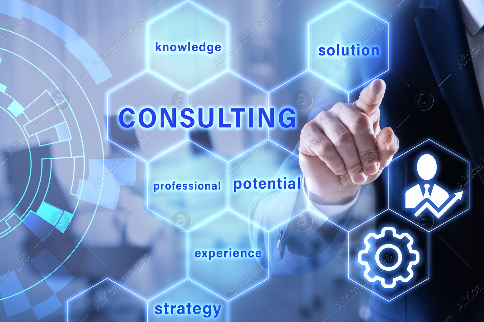 Image of Consulting concept. Businessman pointing on blurred background, closeup
