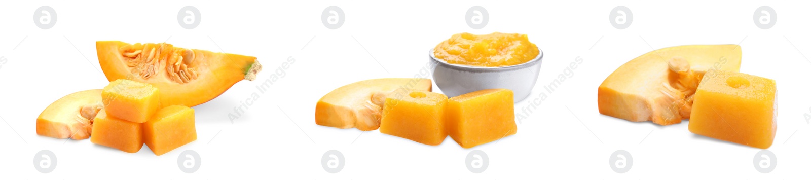 Image of Set with frozen pumpkins puree cubes and ingredients on white background, banner design