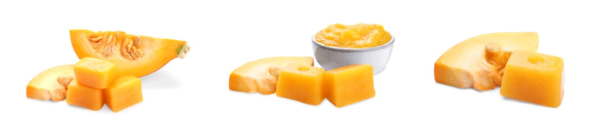 Image of Set with frozen pumpkins puree cubes and ingredients on white background, banner design