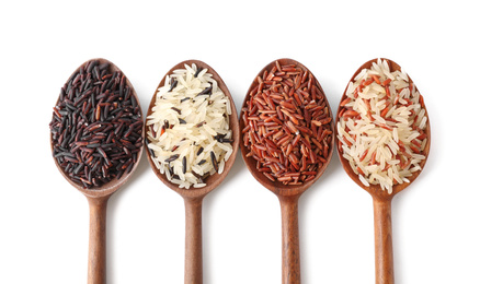 Photo of Brown and mixed rice in spoons isolated on white, top view