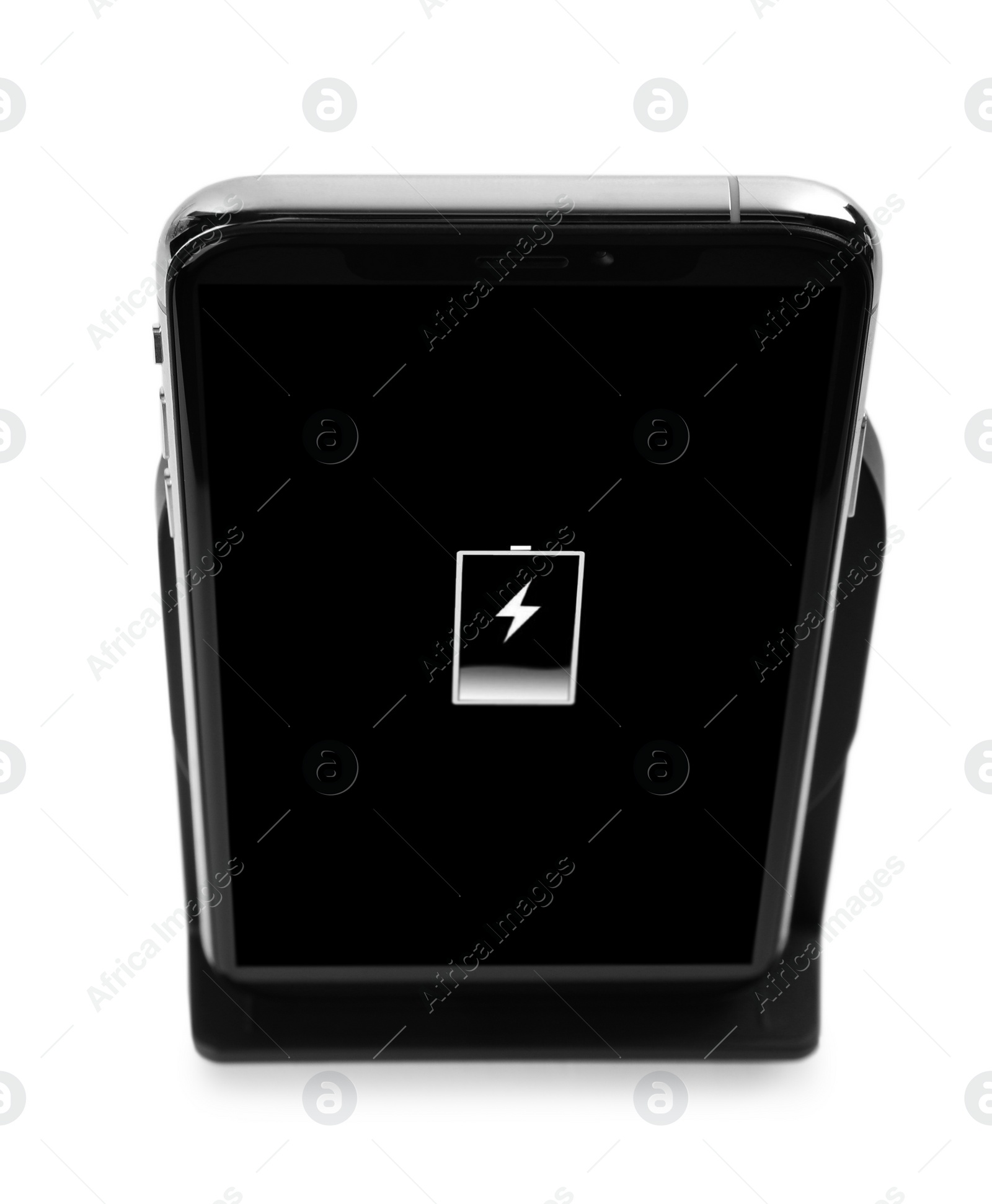 Photo of Mobile phone charging with wireless pad isolated on white, above view