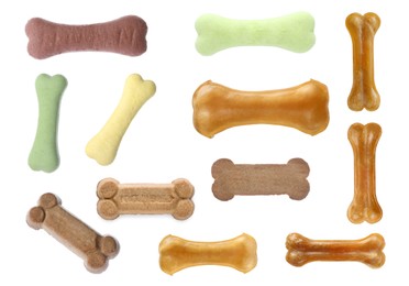 Image of Set with different bone dog treats on white background