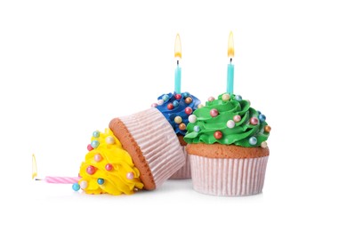 Photo of Dropped cupcake among good ones on white background. Troubles happen