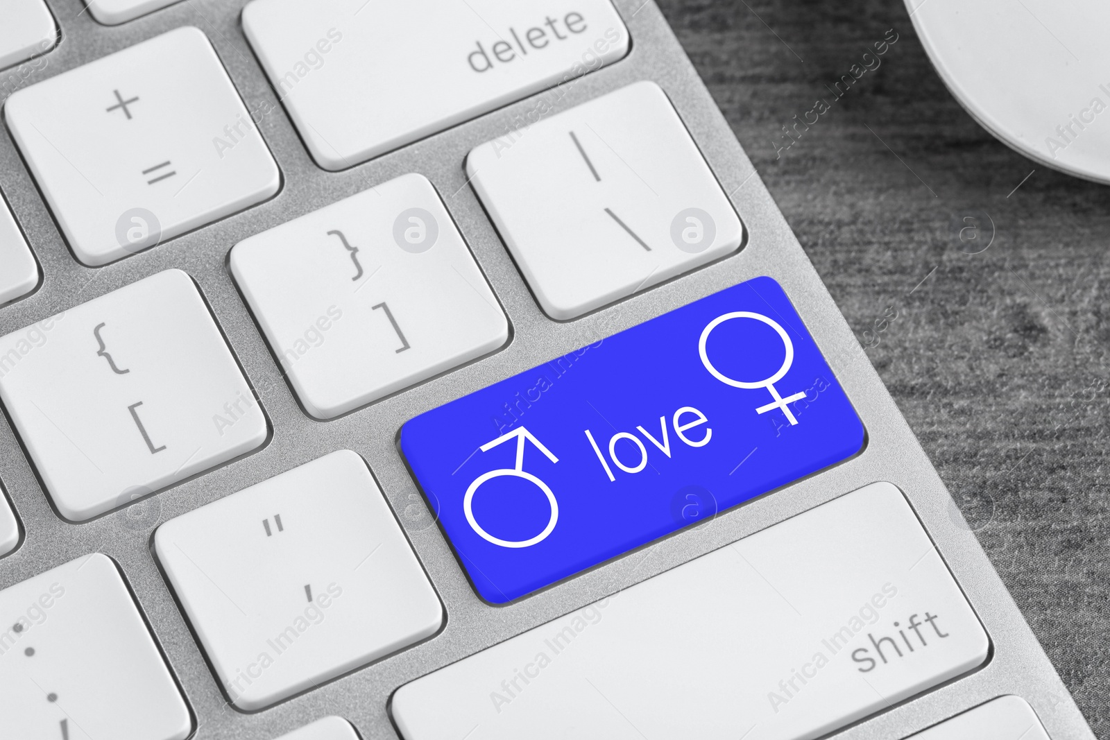 Image of Love button on laptop keyboard, closeup. Online dating site