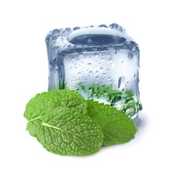 Green mint and ice cube isolated on white